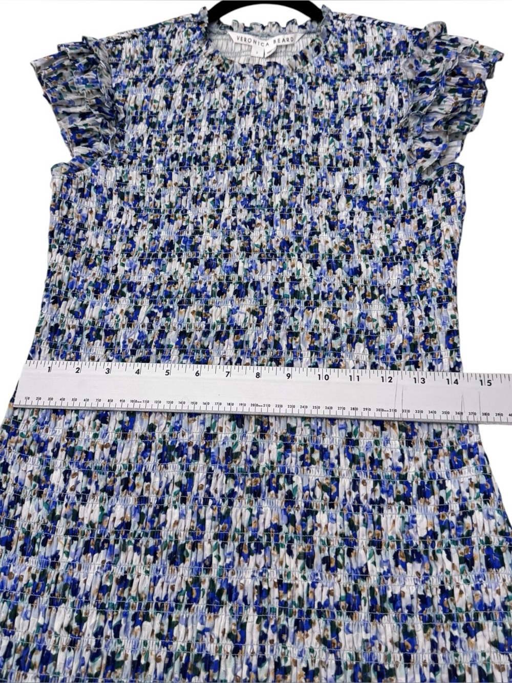 Veronica Beard Blue Floral Smocked Mini Dress Ruffle Sleeve Tiered Cotton Size 2 - Picture 11 of 11